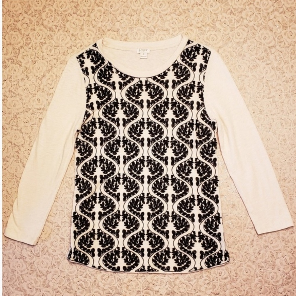 J.Crew Cream w/black embroidery Long sleeve Top. S - Picture 1 of 5